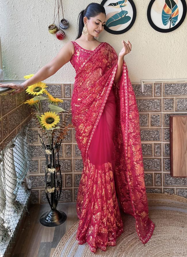 Mono Net Rani Party Wear Sequins Work Saree